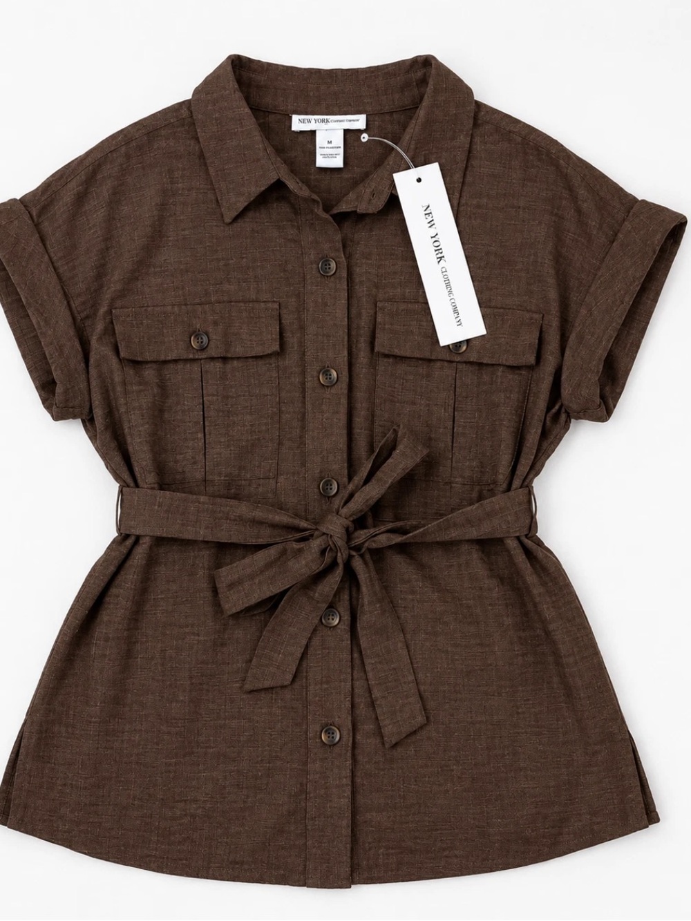 NWT New York & Company Women’s M Brown Belted Utility Button Down Shirt Top